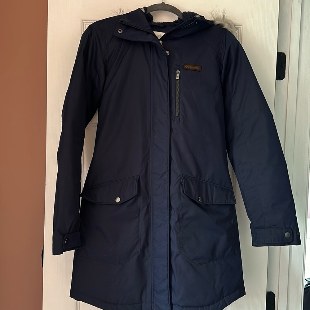 Columbia Navy Blue Fur Trim Parka Anorak Winter Jacket Size XS